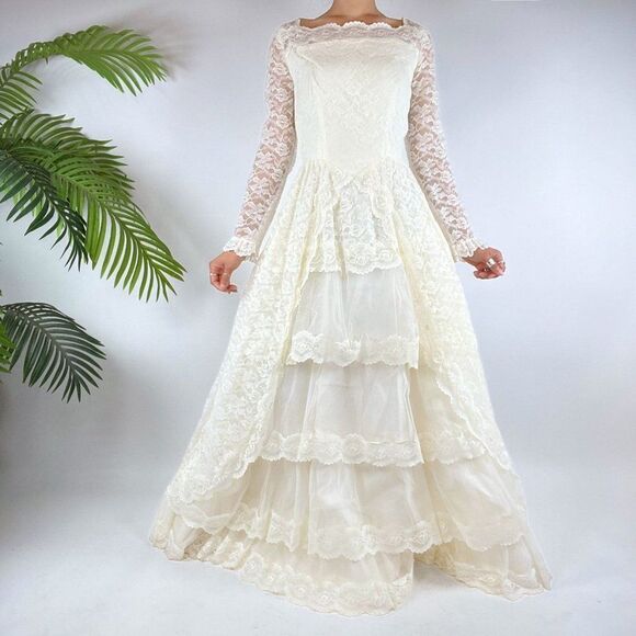 Vintage 50s Cream CottagecoreāFloral Lace Chantilly Maxi Tier Prom Dress / Sz: S - Picture 5 of 10